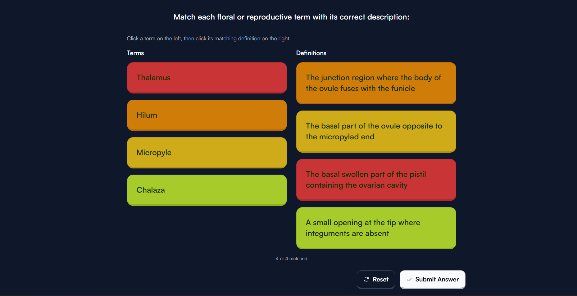 Output artifact for "Mixed Question Generation" test: A matching question was generated with four terms and four definitions, and the interface showed all four pairs matched before submission., out1_matching.png