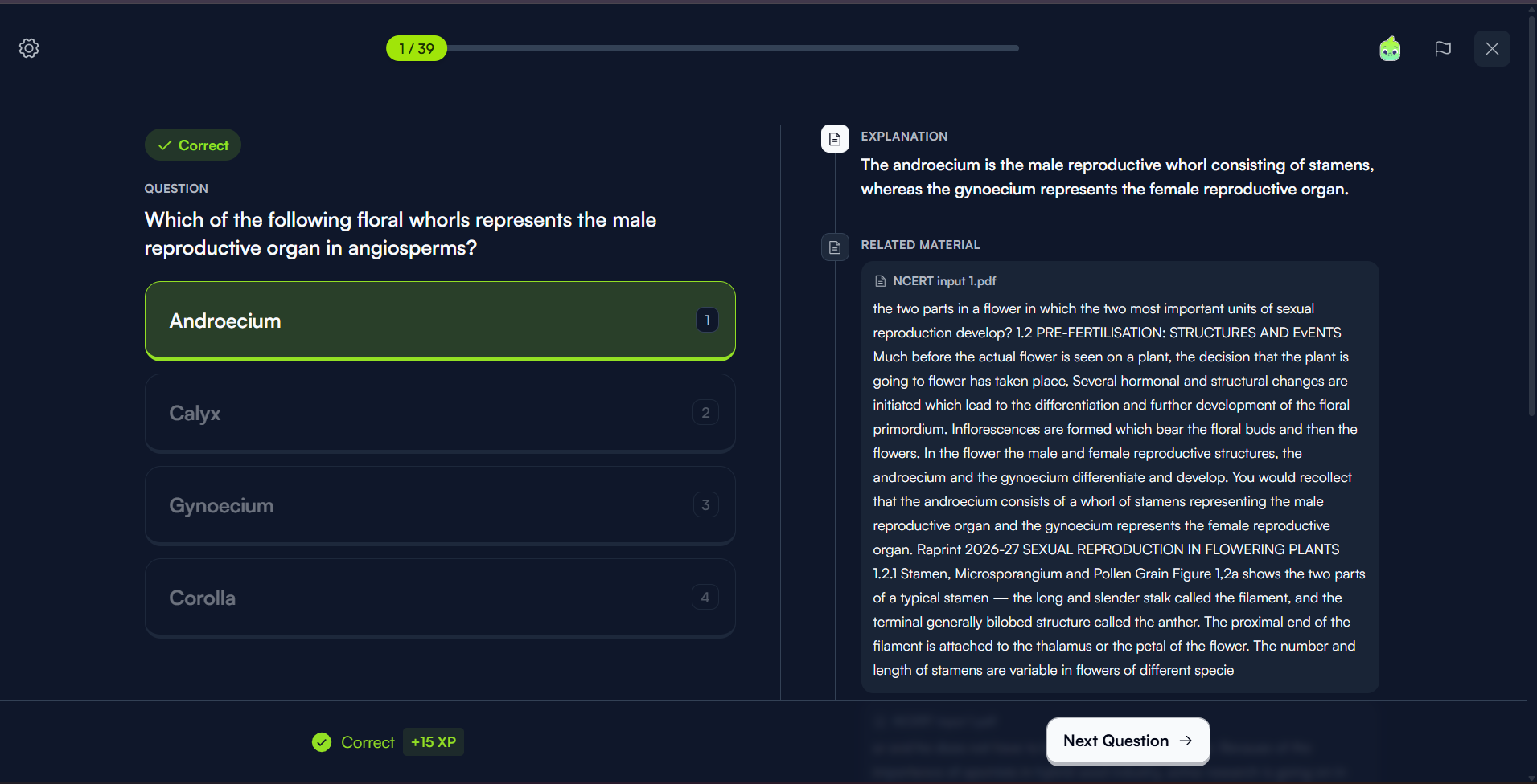 Output artifact for "Mixed Question Generation" test: A multiple-choice question was generated and answered correctly, with immediate feedback, an explanation, and related source material shown alongside the question., out1_mcq_feedback.png