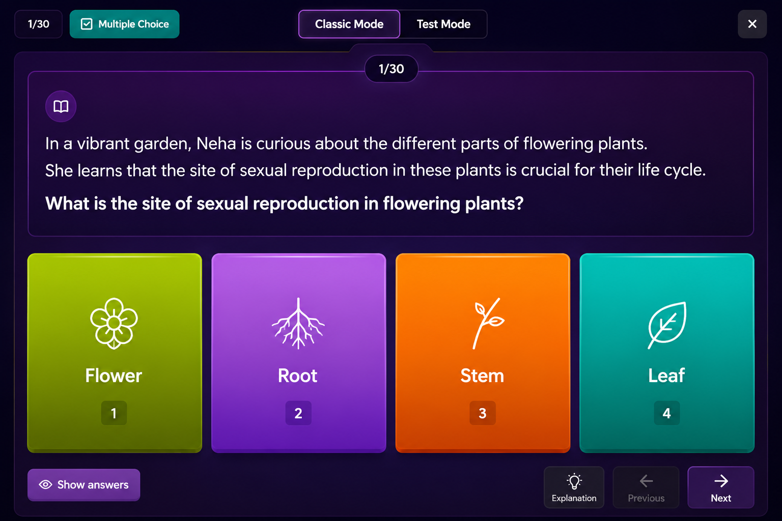 Output artifact for "Interactive Quiz Modes" test: Classic Mode shows a colorful one-question-at-a-time quiz screen with visible answer choices and navigation controls, but no timer or automated scoring., out_classic_mode.png