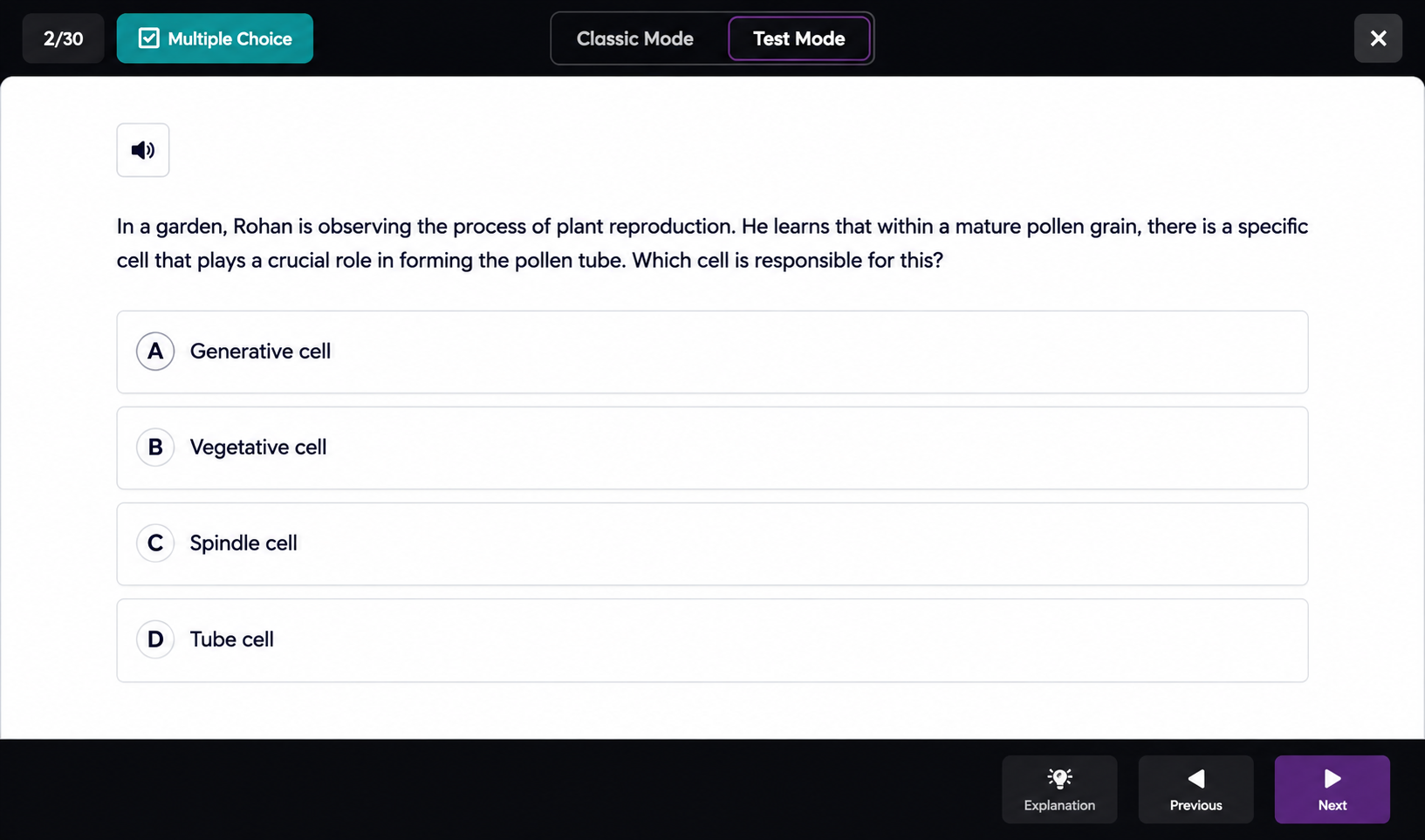 Output artifact for "Interactive Quiz Modes" test: Test Mode shows a more exam-like question screen with text-only answers and navigation controls, again without visible timer or auto-scoring., out_test_mode.png