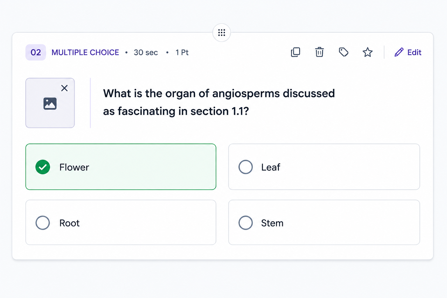 Output artifact for "Quiz Configuration Controls" test: The generated card is still a multiple-choice question with four options and one marked correct answer, so the question-type picker did not translate into mixed output., out1_pdf_mcq_only.png