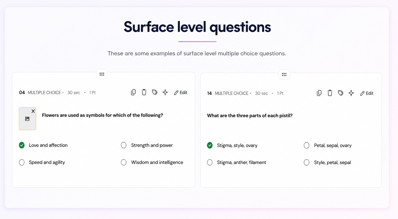 Output artifact for "Quiz Configuration Controls" test: A surface-level MCQ still appears under DOK Level 3, showing that the depth control did not reliably force strategic-thinking questions., out1_pdf_surfacelevel_questions.png