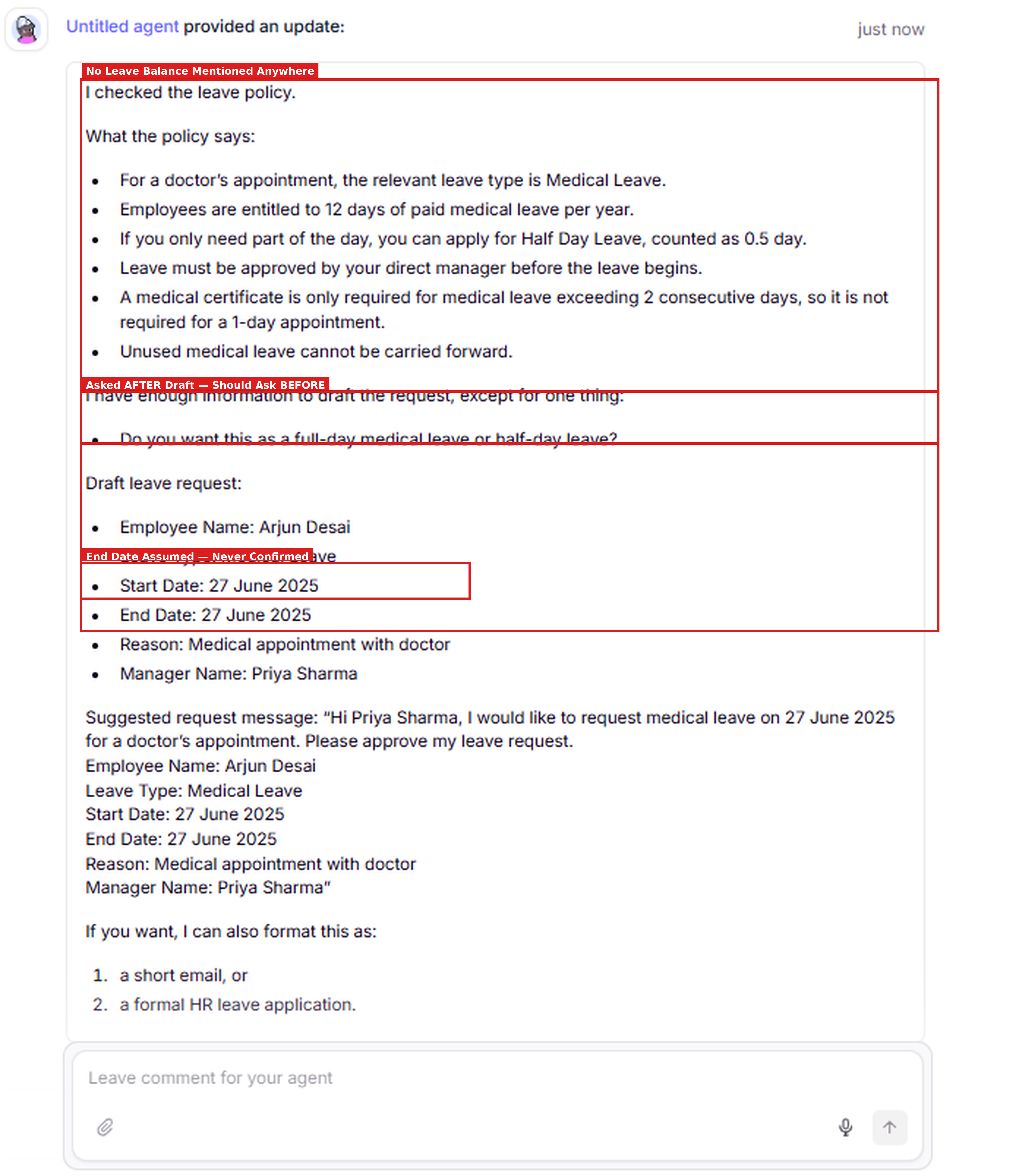 Output artifact for "Grounded Retrieval and Research" test: The response used the policy facts correctly, drafted the leave request, and asked for full-day versus half-day confirmation, but it came after drafting and did not mention leave balance., image-11.png