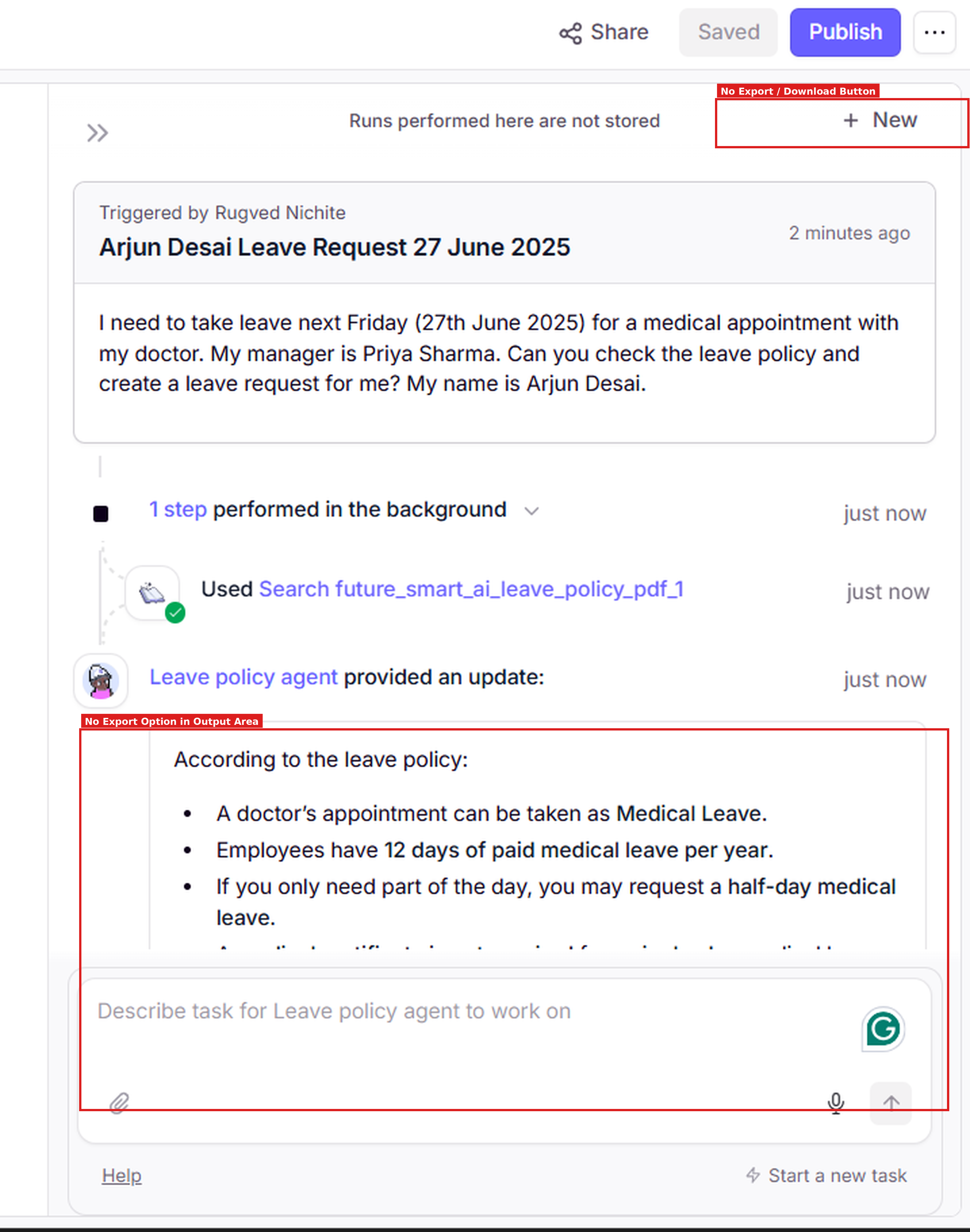 Output artifact for "Grounded Retrieval and Research" test: The run trace showed the agent using Search on the uploaded leave-policy PDF before responding., image-9.png