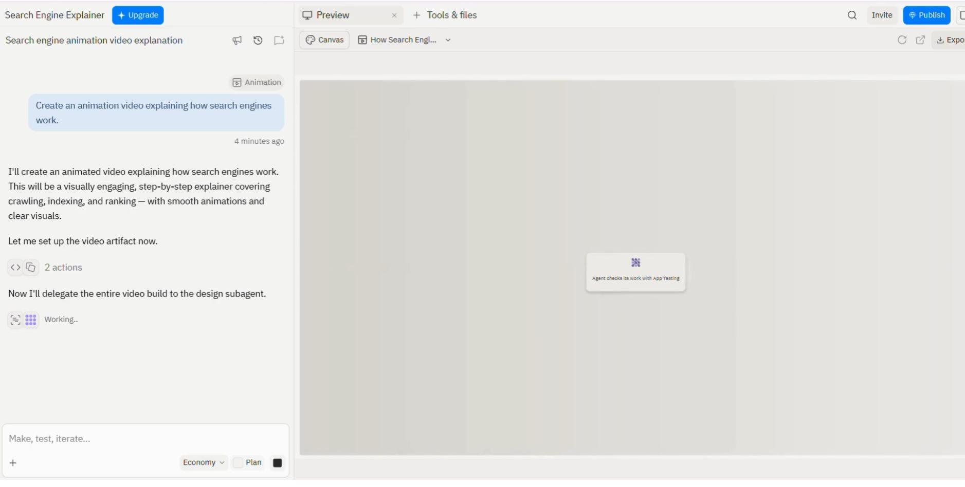 Replit agent conversation and canvas for the search engine explainer.