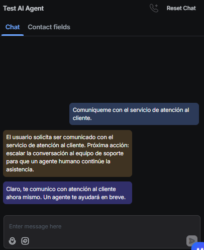 Output artifact for "Human escalation and multilingual handoff" test: The bot understood the Spanish escalation request and confirmed the handoff in Spanish., RespondIO_HumanEscalation_DirectTrigger_Q35_SpanishEscalationRequest.png