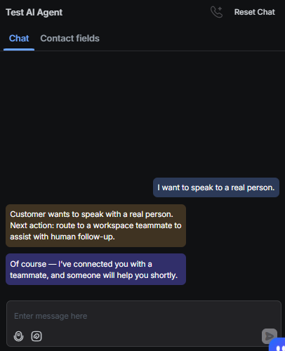 Output artifact for "Human escalation and multilingual handoff" test: The bot recognized the request for a real person and confirmed the handoff., RespondIO_HumanEscalation_DirectTrigger_Q31_SpeakToRealPerson.png