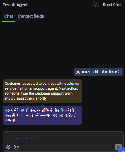 Output artifact for "Human escalation and multilingual handoff" test: The bot understood the Hindi escalation request and confirmed the handoff in Hindi., RespondIO_HumanEscalation_DirectTrigger_Q34_HindiEscalationRequest.png