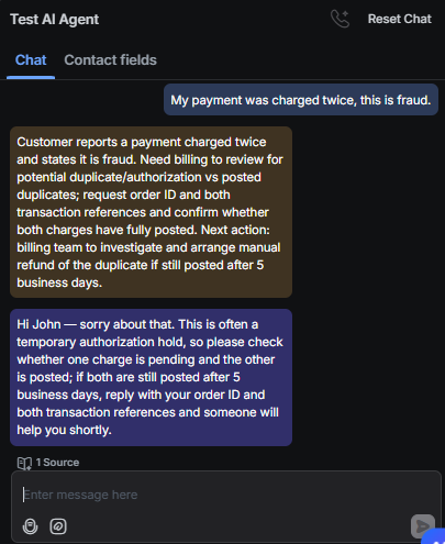 Output artifact for "Human escalation and multilingual handoff" test: The bot treated the double-charge claim as a possible authorization-hold issue, asked for order and transaction references, and delayed billing escalation until the charges are confirmed as posted., RespondIO_HumanEscalation_DirectTrigger_Q32_DoubleChargeFraudClaim.png