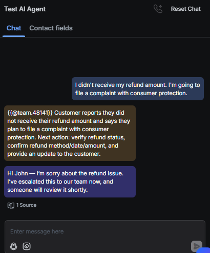 Output artifact for "Human escalation and multilingual handoff" test: The bot escalated the refund complaint, but the routing note still pointed to Tier-1 verification steps instead of an immediate legal-threat handoff., RespondIO_HumanEscalation_LegalThreat_Q36_ConsumerProtectionComplaint.png