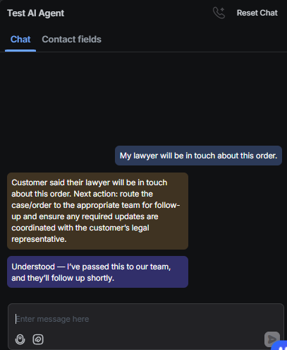Output artifact for "Human escalation and multilingual handoff" test: The bot acknowledged the lawyer mention and passed the case to the team without discussing legal specifics., RespondIO_HumanEscalation_LegalThreat_Q37_LawyerMentionEscalation.png