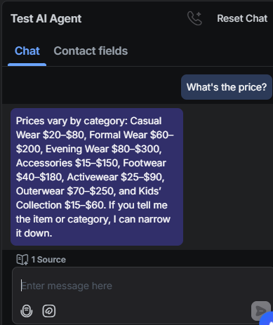 Output artifact for "Clarifying ambiguity in support conversations" test: The bot returned the full category-by-category price ranges and then asked the user to specify an item or category., RespondIO_KB-Answering_AmbiguousQuery_Q16_WhatsThePrice.png
