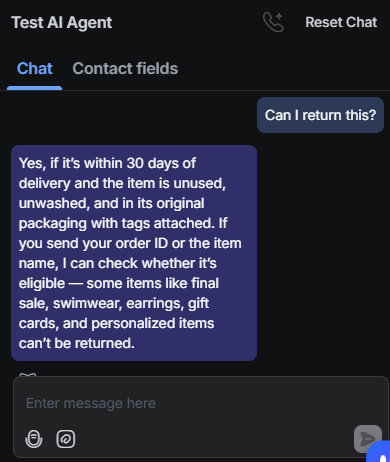 Output artifact for "Clarifying ambiguity in support conversations" test: The bot answered with the general return eligibility rules first, then asked for order ID or item name to check the specific case., RespondIO_KB-Answering_AmbiguousQuery_Q15_CanIReturnThis.png