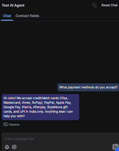 Output artifact for "Knowledge-base grounded answering" test: The bot listed all supported payment methods, including India-only UPI, without dropping any option., RespondIO_KB-Answering_BasicRetrieval_Q2_PaymentMethods.png
