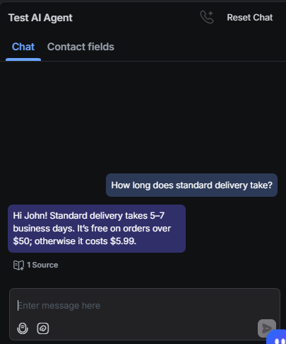 Output artifact for "Knowledge-base grounded answering" test: The bot gave the 5–7 business day standard delivery window and the $50 free-shipping threshold with the $5.99 fallback fee., RespondIO_KB-Answering_BasicRetrieval_Q3_StandardDeliveryTime.png
