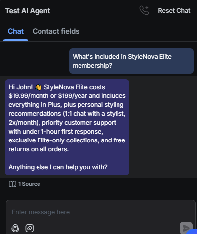 Output artifact for "Knowledge-base grounded answering" test: The bot correctly summarized Elite pricing and benefits, including stylist chats, priority support, exclusive collections, and free returns., RespondIO_KB-Answering_BasicRetrieval_Q4_EliteMembershipInclusions.png