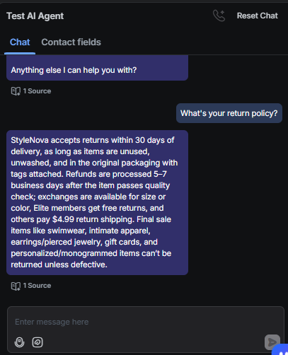 Output artifact for "Knowledge-base grounded answering" test: The bot covered the 30-day return window, condition rules, refund timing, exchanges, tiered return shipping, and final-sale exclusions., RespondIO_KB-Answering_BasicRetrieval_Q5_ReturnPolicyOverview.png