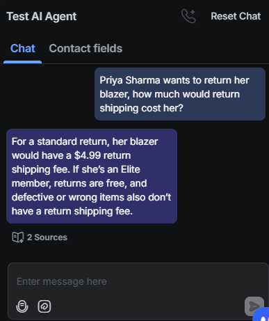 Output artifact for "Order-aware customer support reasoning" test: The bot gave the standard $4.99 return fee and noted the Elite and defective/wrong-item exceptions, but left the final fee dependent on membership., RespondIO_KB-Answering_CrossDocReasoning_Q8_PriyaSharmaBlazerReturnShipping.png