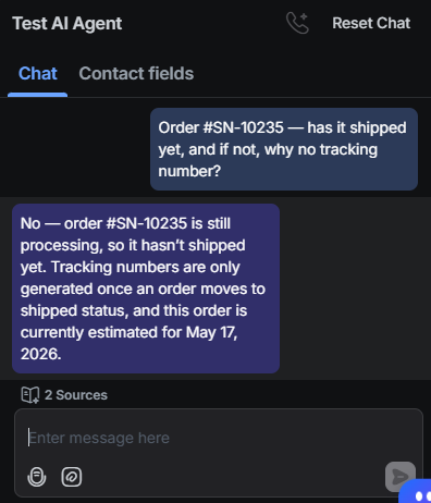 Output artifact for "Order-aware customer support reasoning" test: The bot confirmed order #SN-10235 was still processing, explained why no tracking number existed yet, and gave the May 17, 2026 estimate., RespondIO_KB-Answering_CrossDocReasoning_Q7_OrderSN10235TrackingStatus.png