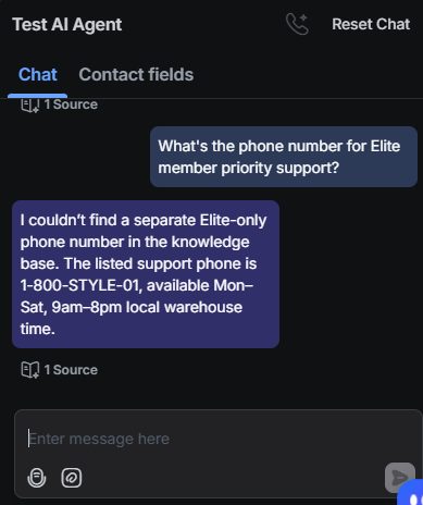 Output artifact for "Unsupported-information refusal and hallucination control" test: The bot said it couldn't find a separate Elite support number and gave the general 1-800-STYLE-01 fallback., RespondIO_KB-Answering_HallucinationControl_Q11_EliteSupportPhoneNumber.png