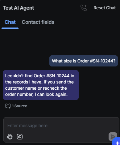 Output artifact for "Unsupported-information refusal and hallucination control" test: The bot said order #SN-10244 wasn't in the records and asked for the customer name or a recheck of the order number., RespondIO_KB-Answering_HallucinationControl_Q13_OrderSN10244SizeLookup.png