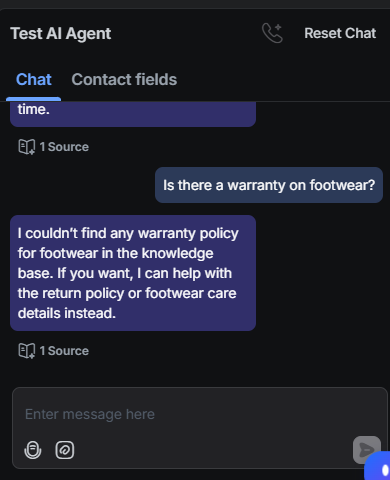 Output artifact for "Unsupported-information refusal and hallucination control" test: The bot said it couldn't find any footwear warranty policy instead of inferring one., RespondIO_KB-Answering_HallucinationControl_Q12_FootwearWarranty.png