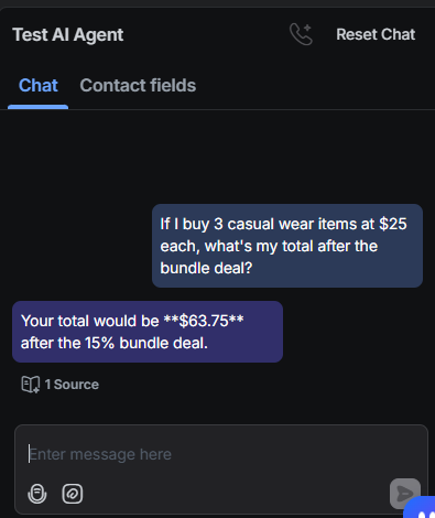 Output artifact for "Support-side calculation and promotion logic" test: The bot correctly calculated a $63.75 total after the 15% bundle discount on three $25 casual-wear items., RespondIO_KB-Answering_NumericalCalc_Q17_BundleDealTotal.png
