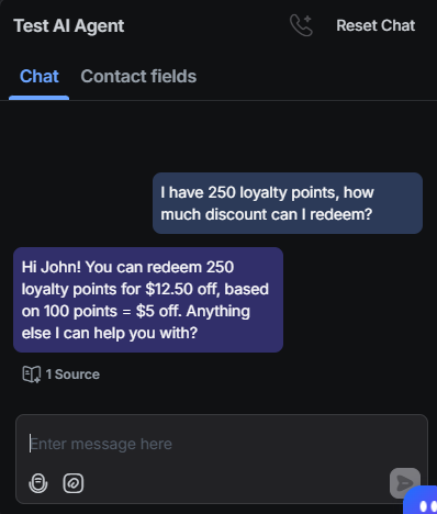 Output artifact for "Support-side calculation and promotion logic" test: The bot answered $12.50 off for 250 loyalty points by prorating the 100 points = $5 rule., RespondIO_KB-Answering_NumericalCalc_Q18_LoyaltyPointsRedemption.png