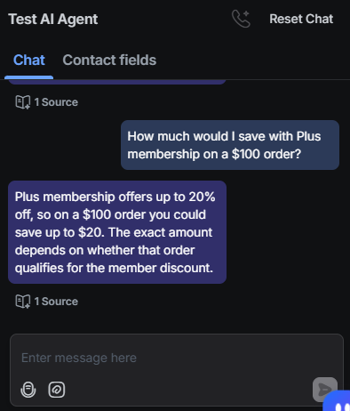 Output artifact for "Support-side calculation and promotion logic" test: The bot correctly said Plus membership could save up to $20 on a $100 order, while noting the exact savings depend on eligibility., RespondIO_KB-Answering_NumericalCalc_Q19_PlusMembershipSavings.png