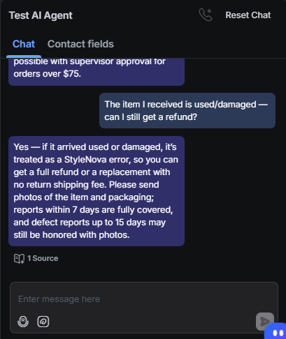 Output artifact for "Knowledge-base grounded answering" test: The bot treated the item as a StyleNova error and offered a full refund or replacement with no return shipping fee, asking for photos., RespondIO_KB-Answering_PolicyEdgeCases_Q22_DamagedItemRefund.png