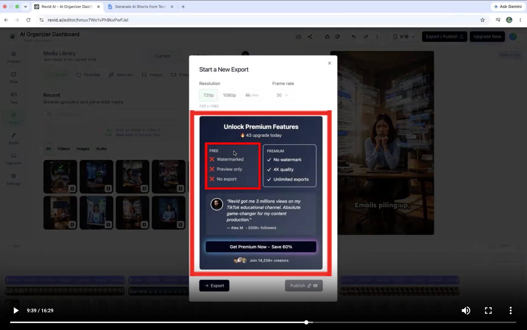 Output artifact for "Video Export and Plan-Based Download Controls" test: The export modal compared free and premium access and showed the free side as watermarked, preview-only, and no-export., revid.ai_Anchor1_export-restriction-free-plan.png