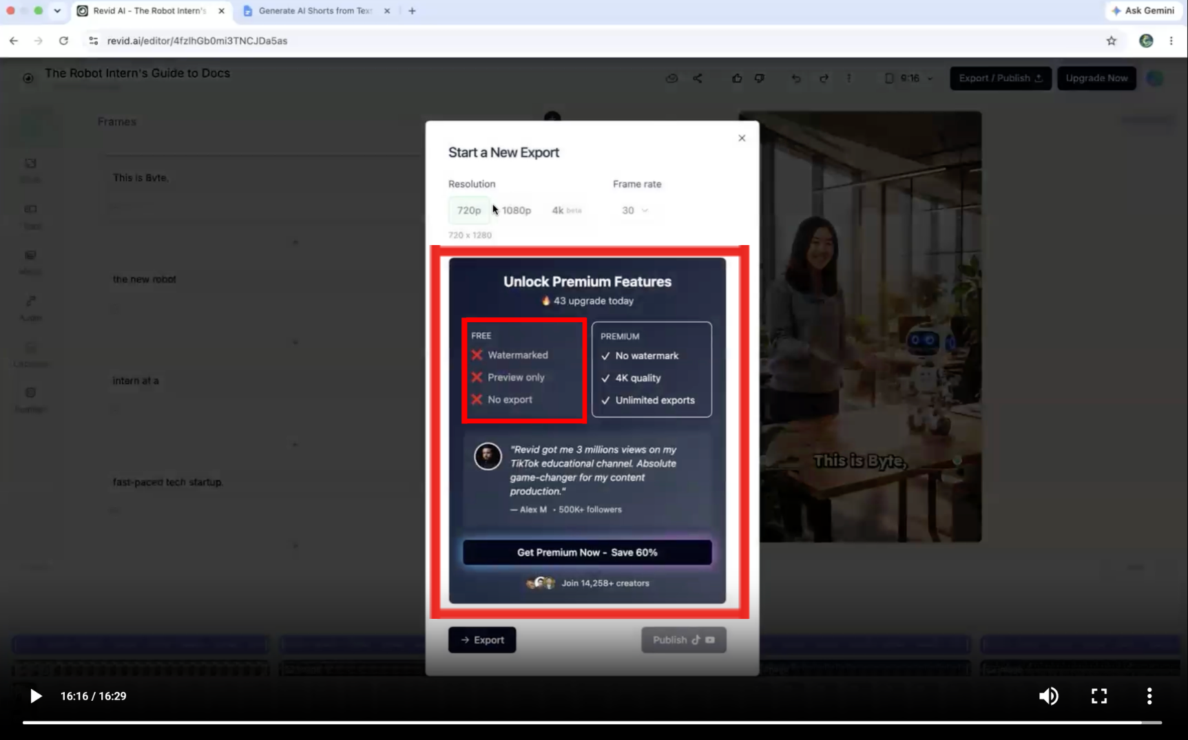 Output artifact for "Video Export and Plan-Based Download Controls" test: The export modal again showed the free plan as preview-only/no-export while premium unlocked no watermark, 4K quality, and unlimited exports., revid.ai_Anchor2_Export-Restricted-on-Free-Plan.png