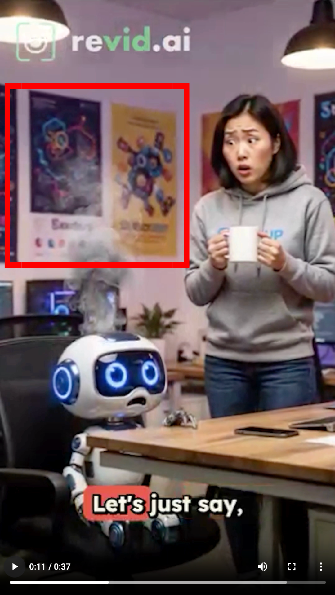 Output artifact for "Text-to-Short-Form Video Creation" test: Some workplace scenes became generic office visuals instead of specifically illustrating the startup setting., revid.ai_Anchor2_Generic-Office-Scene.png
