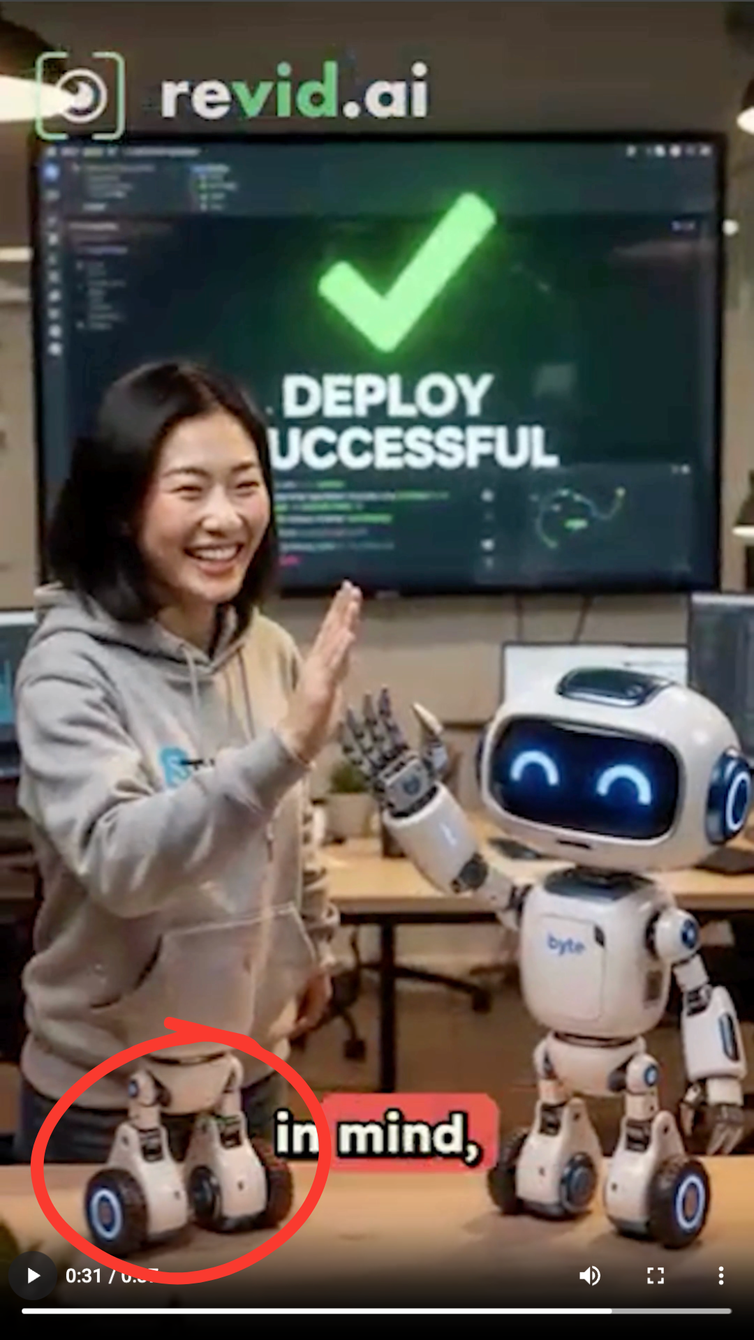 Output artifact for "Text-to-Short-Form Video Creation" test: An additional robot appears even though the prompt describes only one robot intern., revid.ai_Anchor2_Multiple-Robot-Characters.png