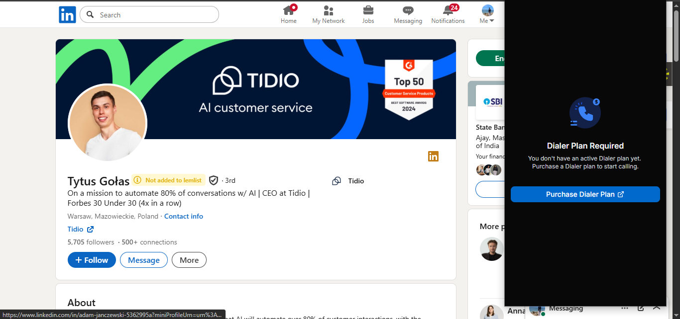 Output artifact for "Chrome extension prospecting workflow" test: On the LinkedIn profile, the Saleshandy overlay showed a Dialer Plan Required pop-up rather than prospect discovery or contact enrichment tools. In this test, t, saleshandy-linkedin-profile-dialer-plan-required.png