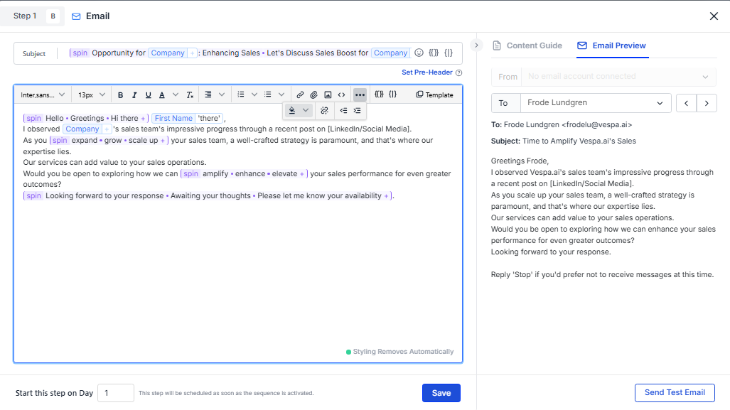 Output artifact for "AI outreach email drafting" test: In the Frode Lundgren preview, the subject and body adjusted to Vespa.ai and Frode, but the underlying structure, talking points, and CTA remained nearly the sa, saleshandy-saleshandy-email-sequence-editor-frode-preview.png
