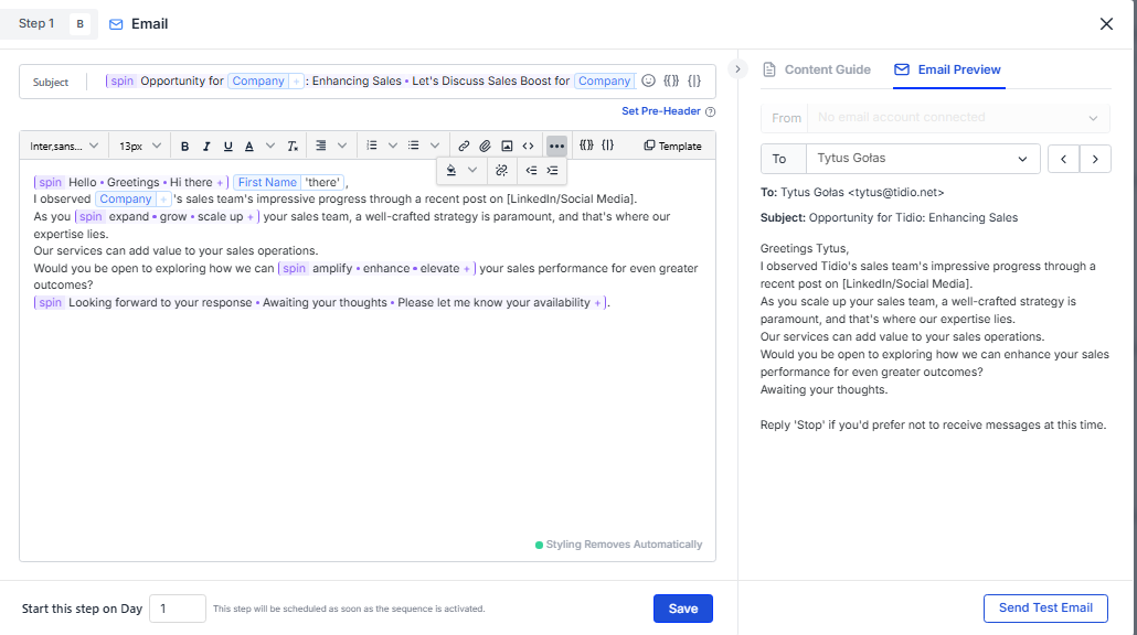 Output artifact for "AI outreach email drafting" test: Saleshandy generated a draft outreach email from the supplied company context and rendered it with prospect and company personalization variables in the preview, saleshandy-saleshandy-email-sequence-editor-preview.png