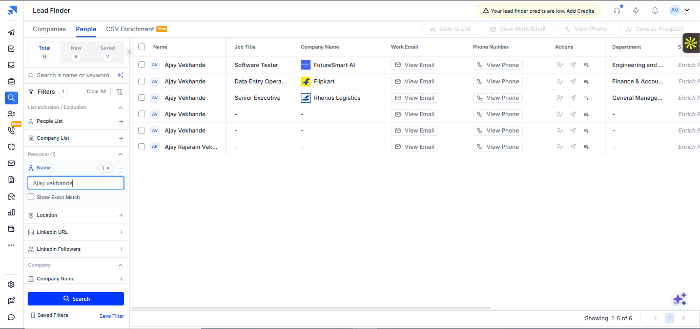 Output artifact for "Company lookup and contact discovery" test: Saleshandy returned multiple people records for the Ajay Vekhande name search and showed job title, company, department, plus View Email and View Phone actions., saleshandy-saleshandy-lead-finder-people-ajay-vekhande.png