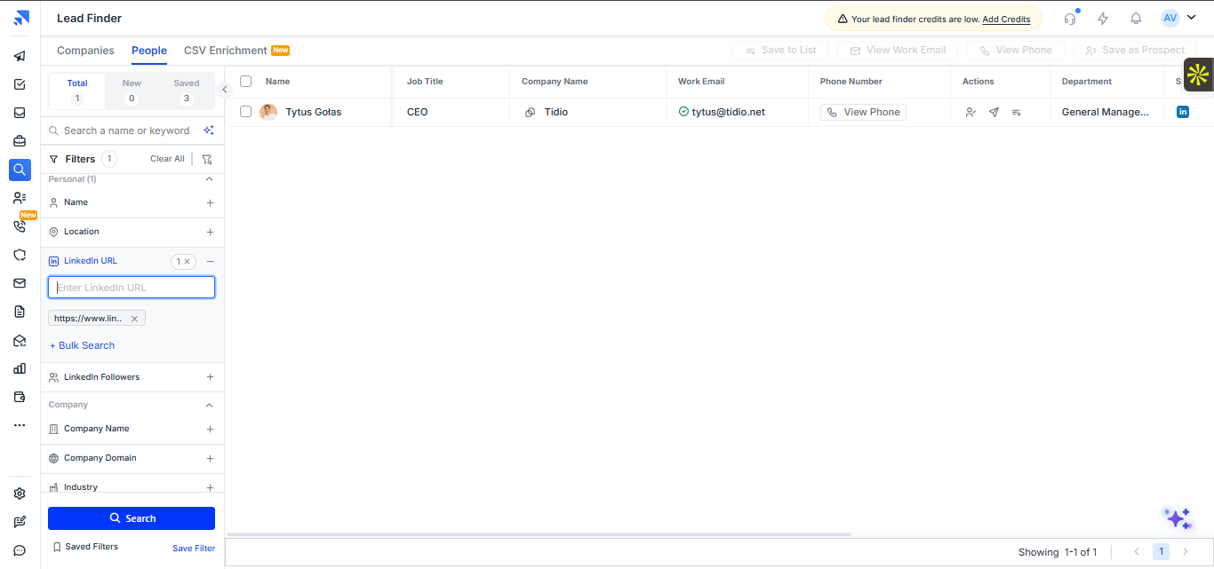 Output artifact for "Company lookup and contact discovery" test: Using Tytus Gołas's LinkedIn URL, Saleshandy successfully found the correct person record, labeled him as CEO at Tidio, and surfaced a work email plus phone-acc, saleshandy-saleshandy-lead-finder-people-tytus-golas-linkedin-url.png