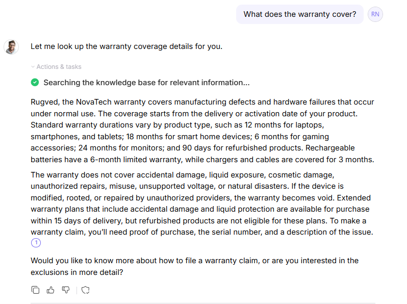 Assistant explains what the warranty covers and excludes.
