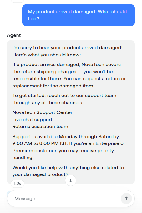 Agent response for a damaged product claim.