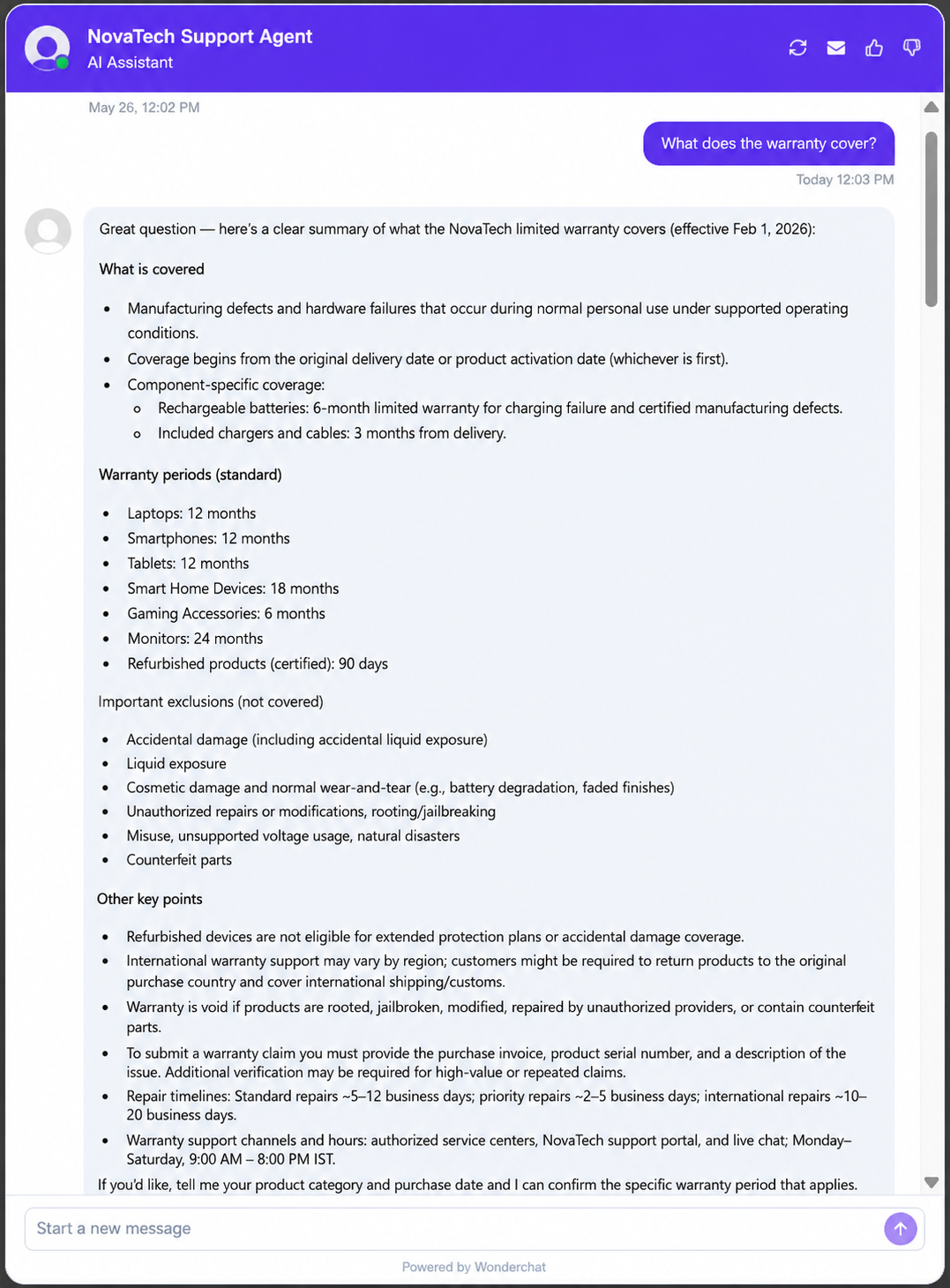 Chatbot answer summarizing NovaTech warranty coverage and exclusions.