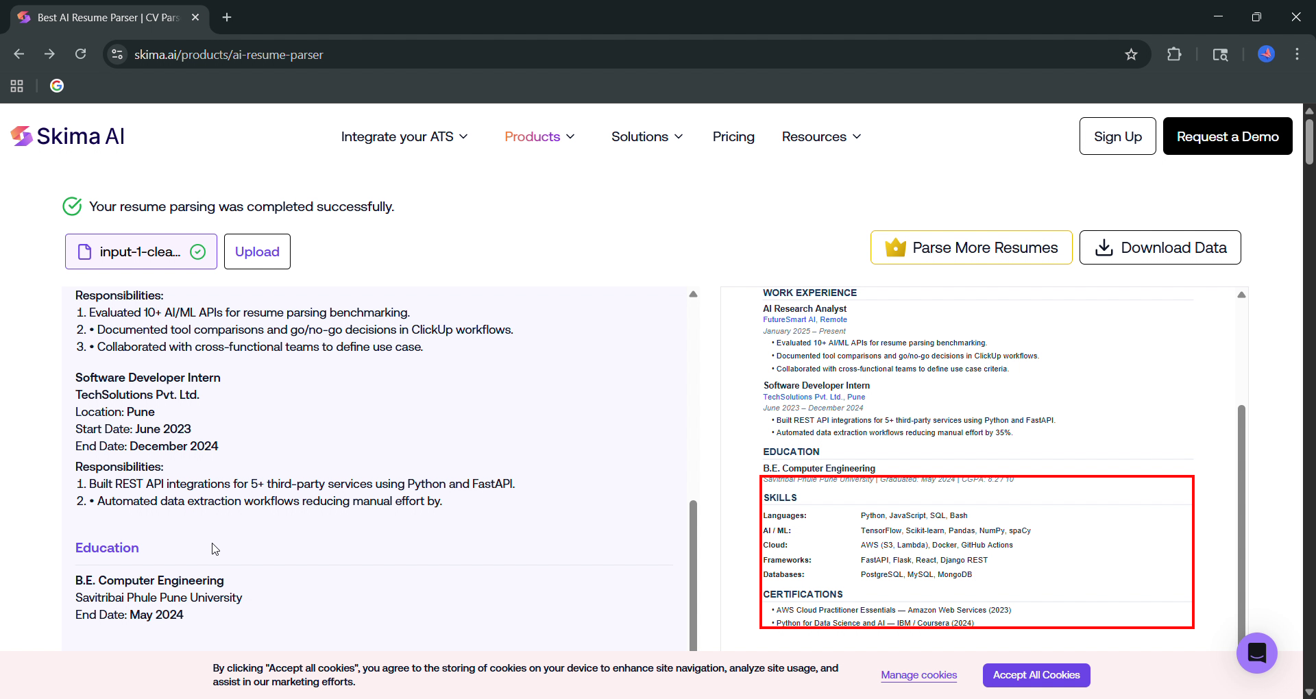 Output artifact for "Supplemental Section Extraction" test: GPA and certifications are absent from the parsed output even though they are present in the source resume., 01_input1_gpa_certs_missing.png