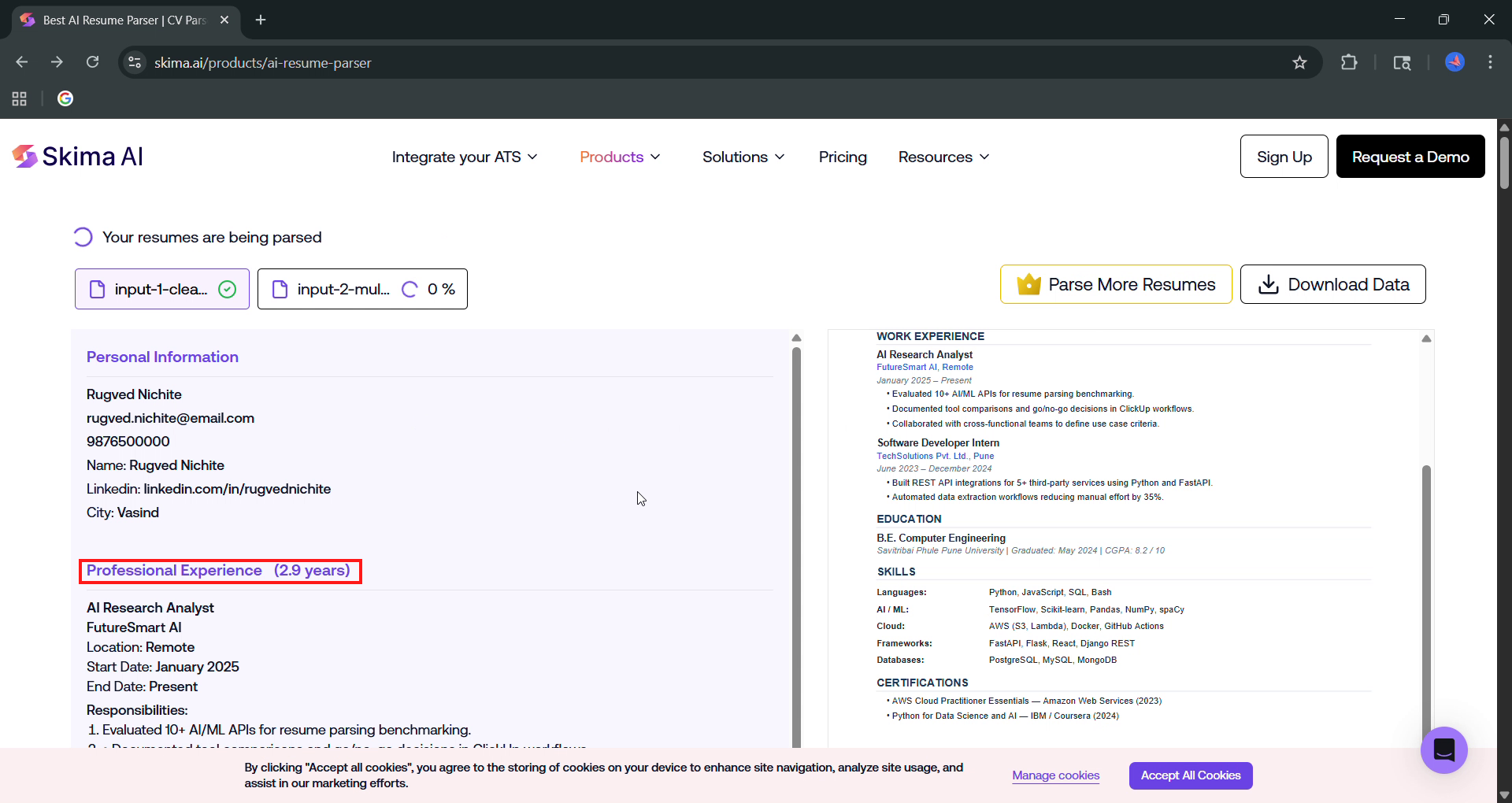 Output artifact for "Automated Resume Parsing" test: Parsing completed successfully on a clean resume without manual configuration; the parser returned core fields and a 2.9-year experience total., 02_experience_calc.png