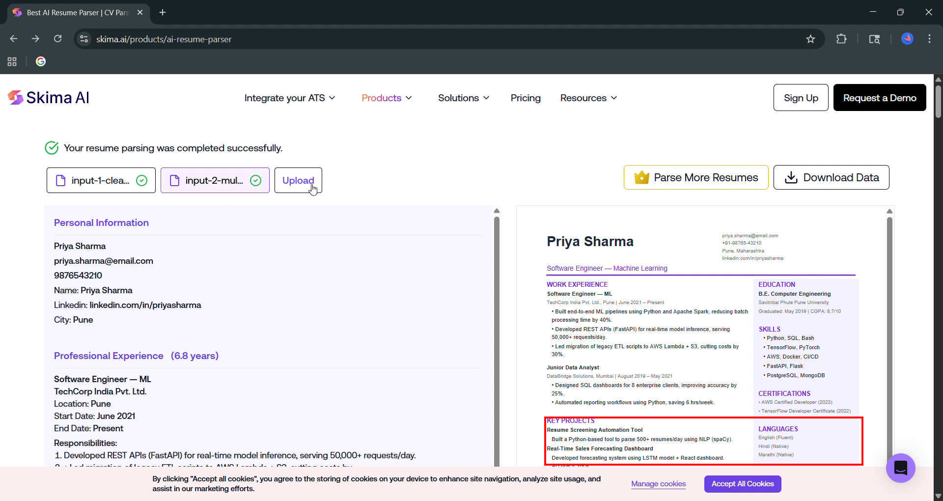 Output artifact for "Supplemental Section Extraction" test: The projects section is not carried through cleanly, and the sidebar supplemental fields are missing or incomplete in the parsed output., skima_task2_projects-missing.png