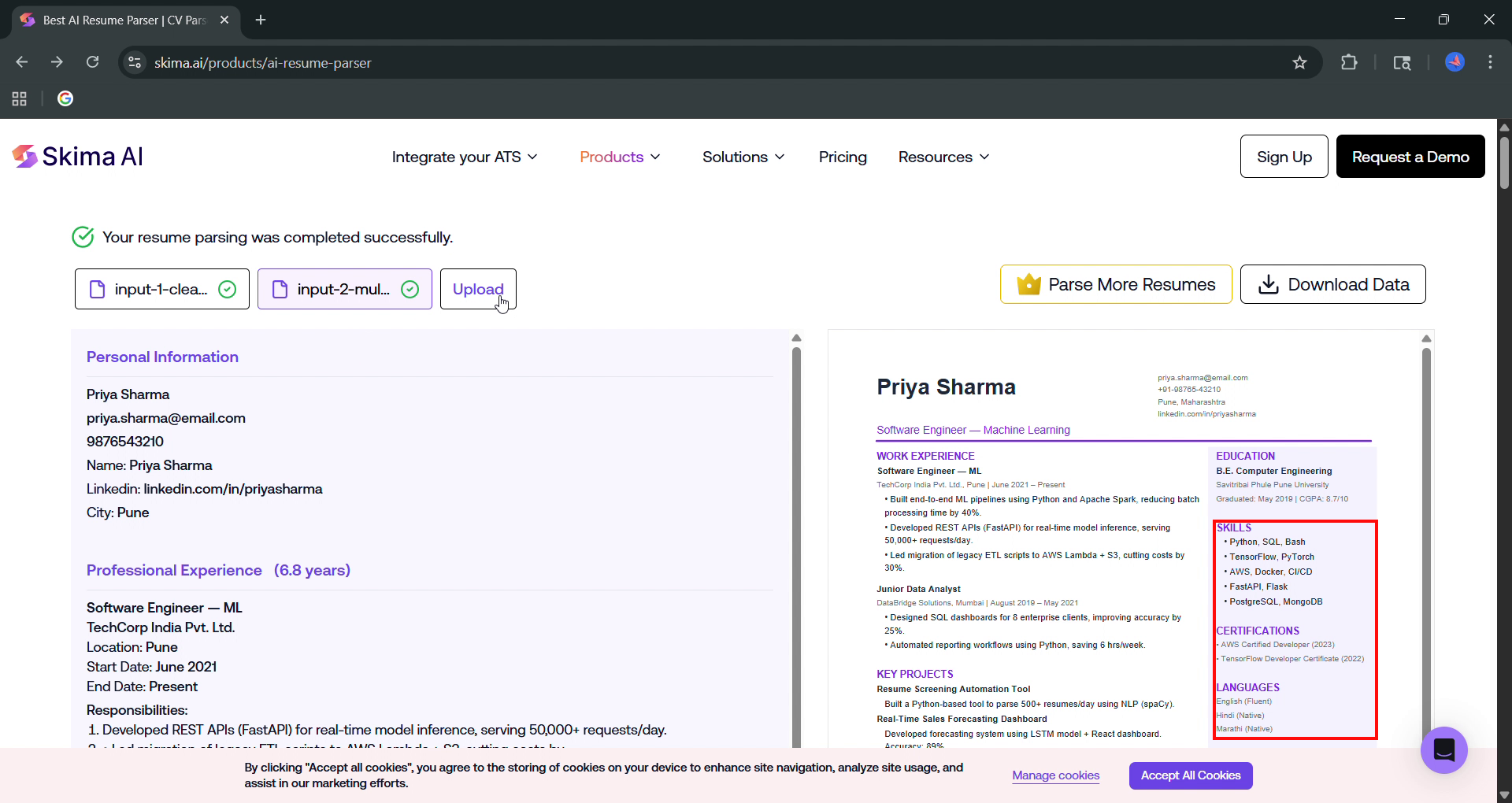 Output artifact for "Automated Resume Parsing" test: The multi-column resume parsed successfully, showing that the tool can ingest sidebar layouts even though supplemental extraction is incomplete., skima_task2_sidebar-skills-certs-languages-missing.png
