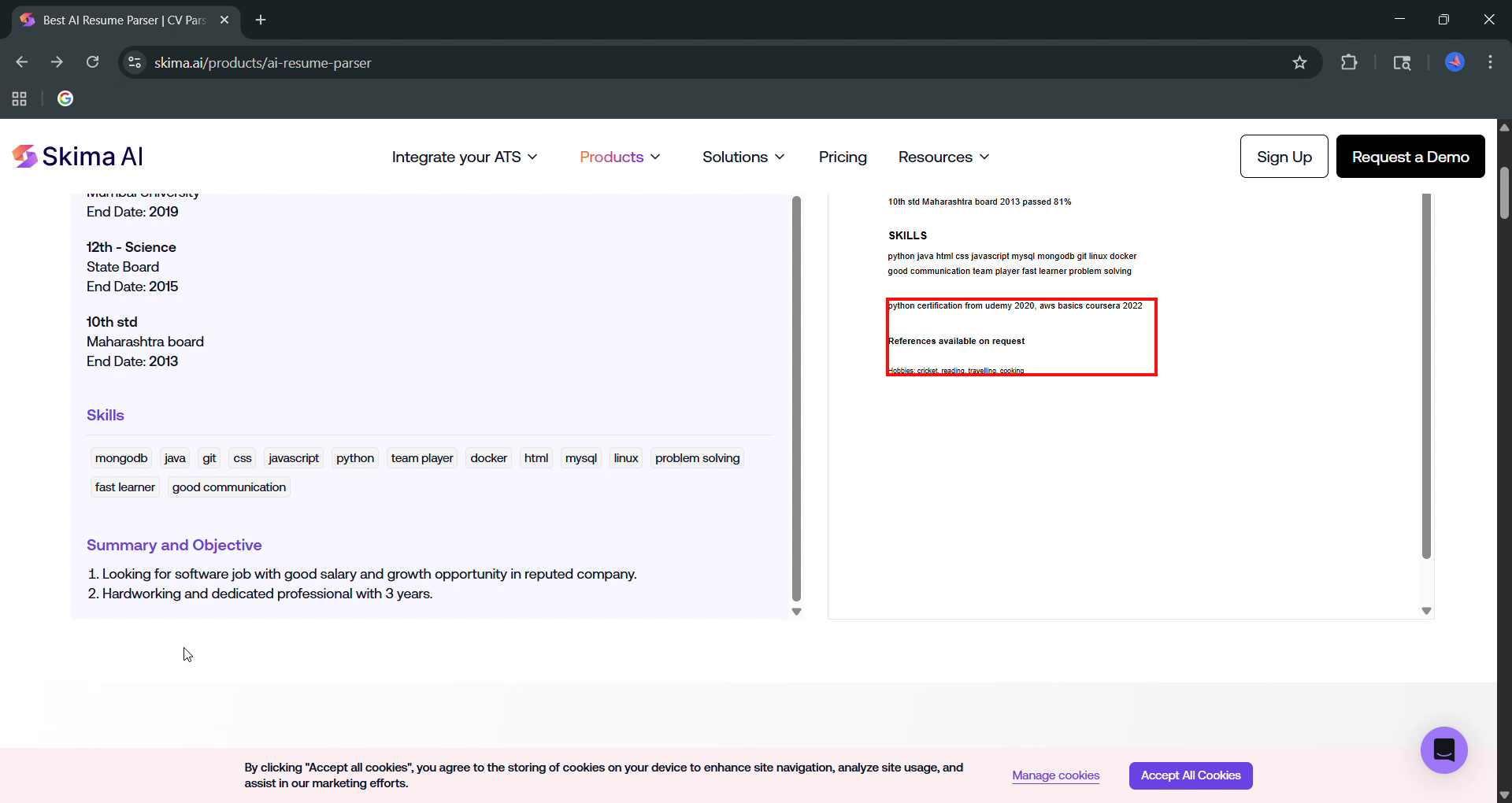 Output artifact for "Supplemental Section Extraction" test: Certifications, references, and hobbies are absent from the parsed output., skima_task3_certs-refs-hobbies-missing.png