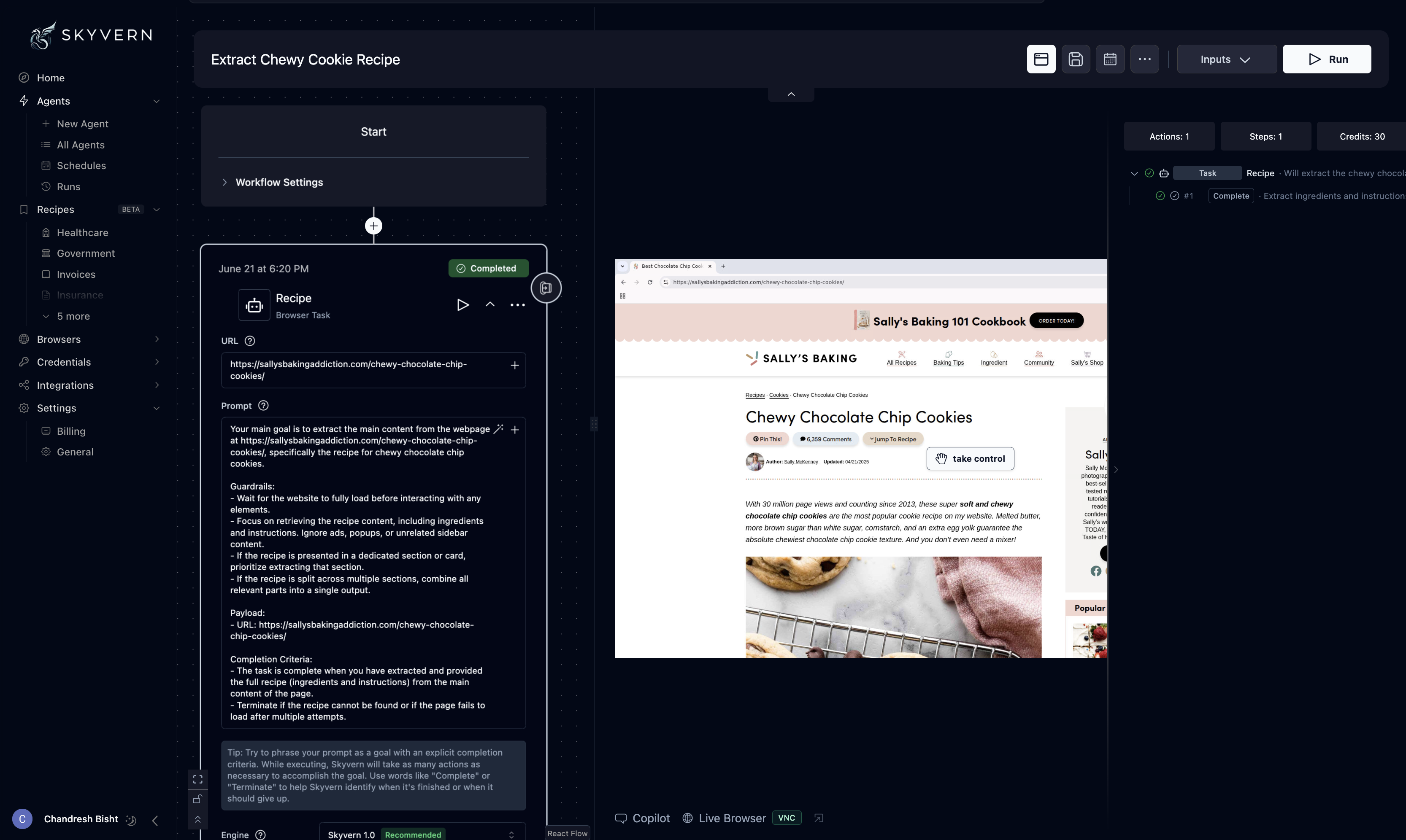 Output artifact for "Workflow-based agent setup" test: The workflow builder screen shows a named task, URL field, recipe-style prompt, inputs, run controls, and basic run metadata such as actions, steps, and credits, skyvern-skyvern-agents-workspace-chewy-cookie-recipe.png