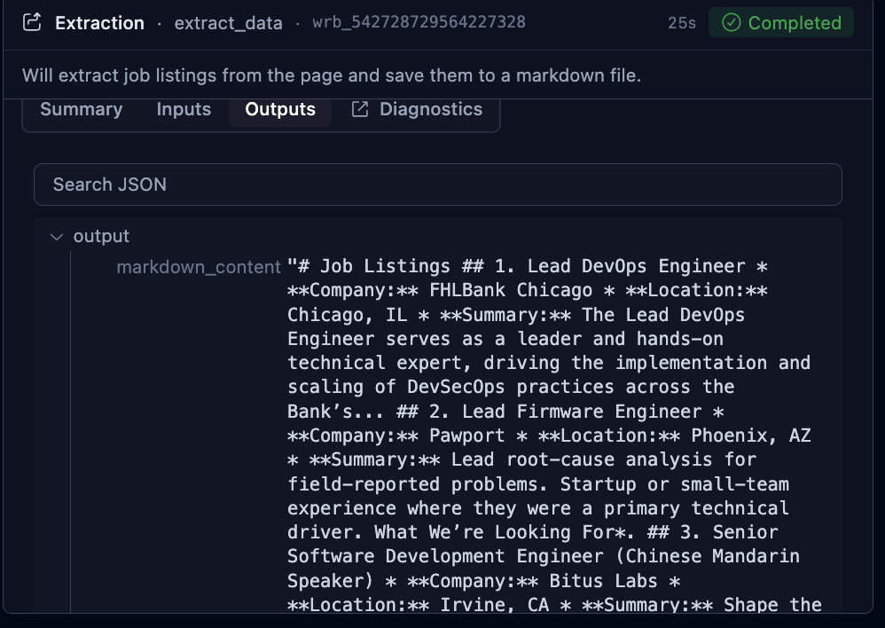 Markdown output listing extracted job postings