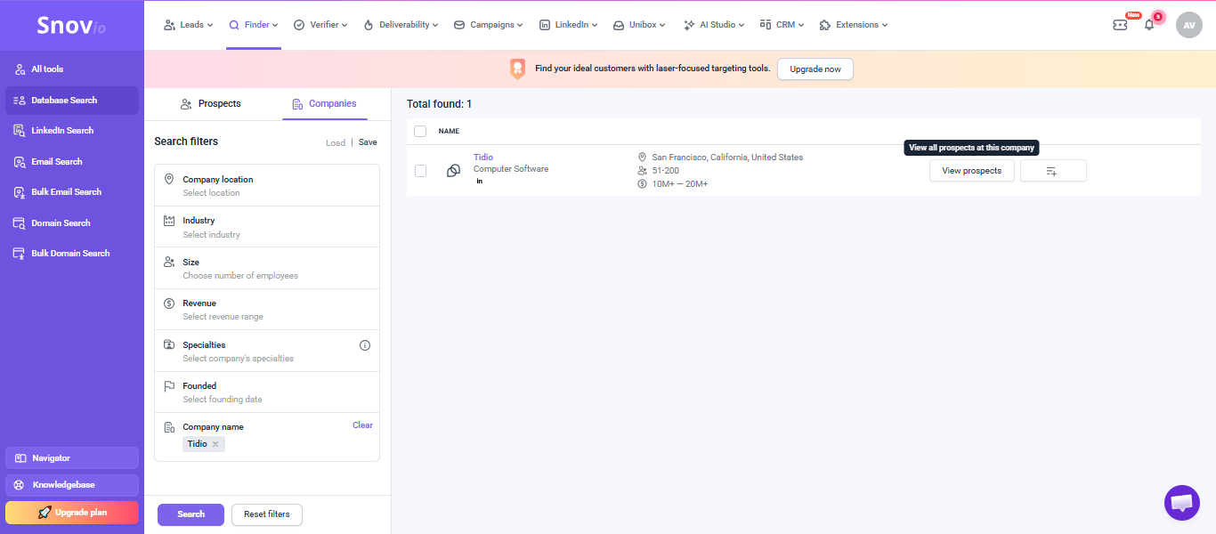 Output artifact for "Company lookup by name" test: Snov.io returned a matching company record for Tidio and showed basic firmographic details including location, industry, company size, and revenue band. That ma, snov-io-snov-database-search-company-results.png